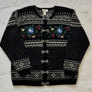 Talbots Black and White Wool Floral Cardigan- Size Petite Medium